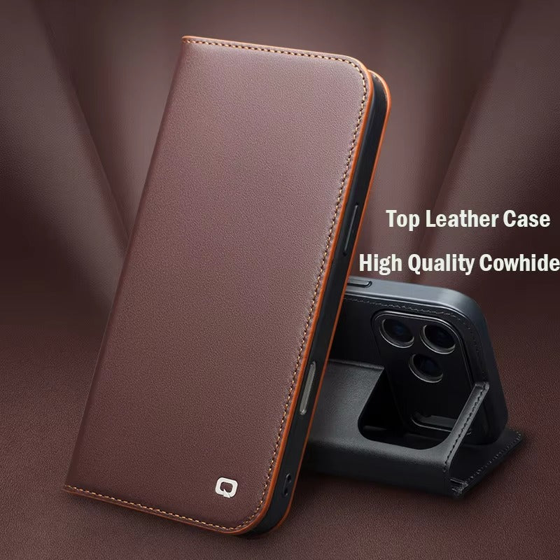 Luxury iPhone Case — Ultra-Slim Handmade Genuine Leather Wallet Flip Cover with Card Slots, Shockproof Drop Protection & Horizontal Stand Function