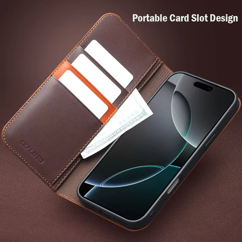 Luxury iPhone Case — Ultra-Slim Handmade Genuine Leather Wallet Flip Cover with Card Slots, Shockproof Drop Protection & Horizontal Stand Function
