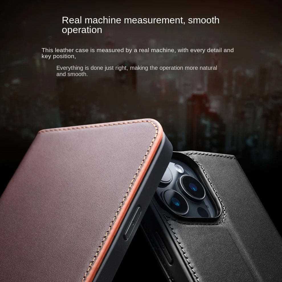 Luxury iPhone Case — Ultra-Slim Handmade Genuine Leather Wallet Flip Cover with Card Slots, Shockproof Drop Protection & Horizontal Stand Function
