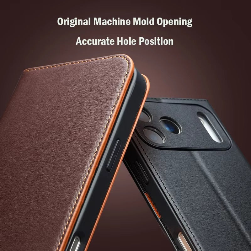 Luxury iPhone Case — Ultra-Slim Handmade Genuine Leather Wallet Flip Cover with Card Slots, Shockproof Drop Protection & Horizontal Stand Function