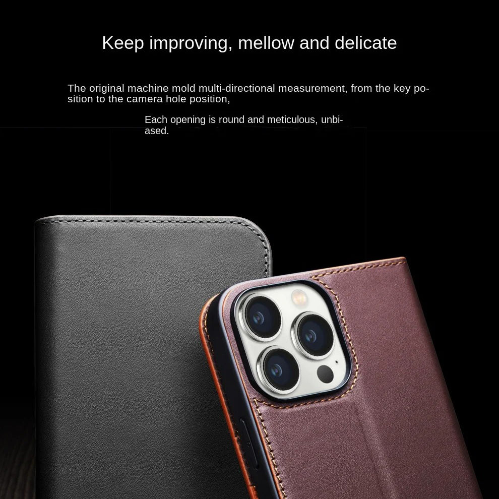 Luxury iPhone Case — Ultra-Slim Handmade Genuine Leather Wallet Flip Cover with Card Slots, Shockproof Drop Protection & Horizontal Stand Function