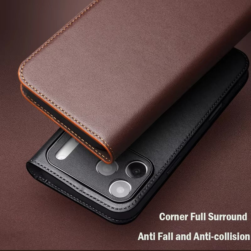 Luxury iPhone Case — Ultra-Slim Handmade Genuine Leather Wallet Flip Cover with Card Slots, Shockproof Drop Protection & Horizontal Stand Function
