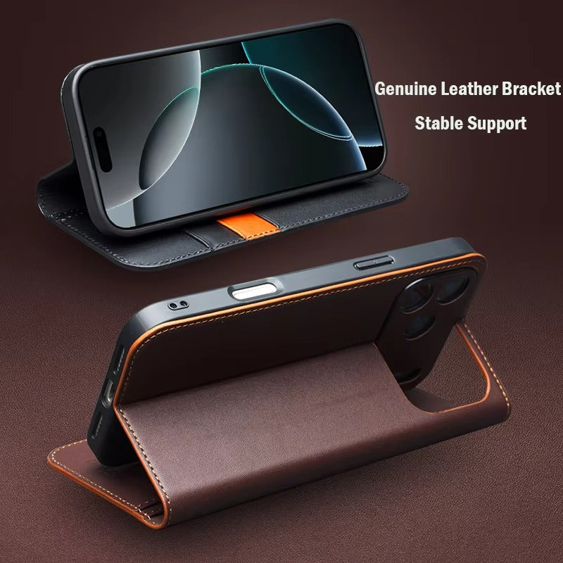 Luxury iPhone Case — Ultra-Slim Handmade Genuine Leather Wallet Flip Cover with Card Slots, Shockproof Drop Protection & Horizontal Stand Function
