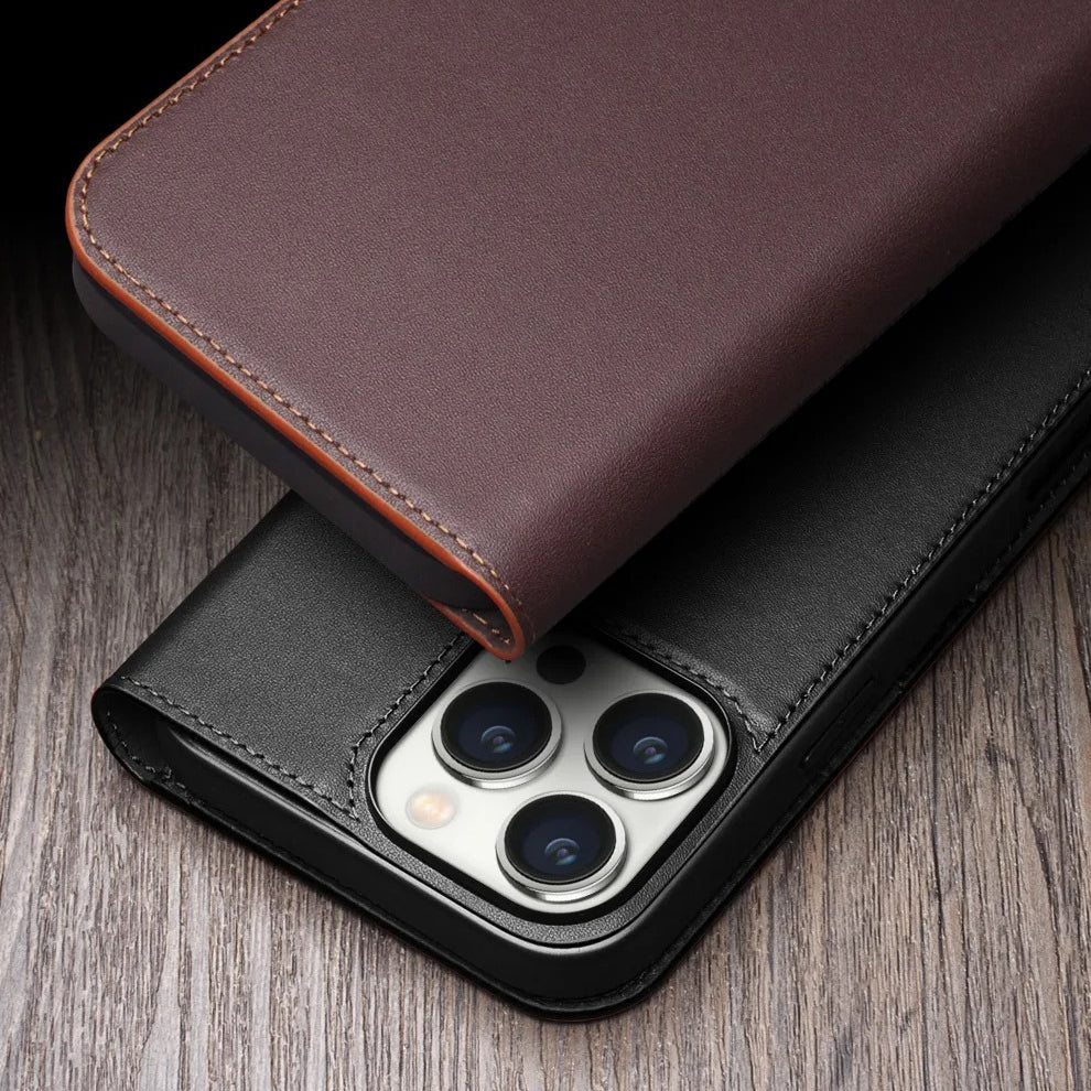 Luxury iPhone Case — Ultra-Slim Handmade Genuine Leather Wallet Flip Cover with Card Slots, Shockproof Drop Protection & Horizontal Stand Function