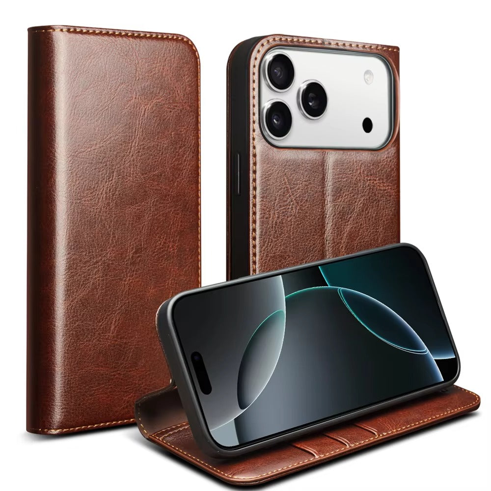 Luxury iPhone Case — Ultra-Slim Handmade Genuine Leather Wallet Flip Cover with Card Slots, Shockproof Drop Protection & Premium Cowhide Texture