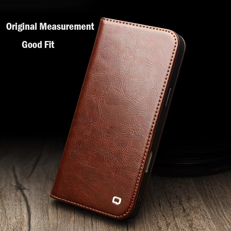 Luxury iPhone Case — Ultra-Slim Handmade Genuine Leather Wallet Flip Cover with Card Slots, Shockproof Drop Protection & Premium Cowhide Texture