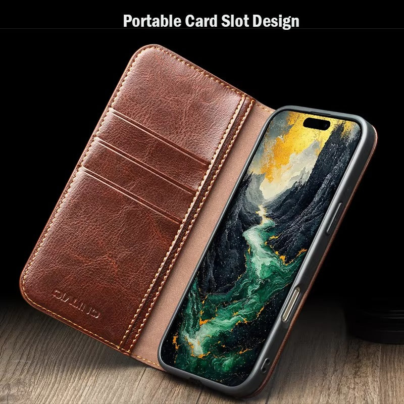 Luxury iPhone Case — Ultra-Slim Handmade Genuine Leather Wallet Flip Cover with Card Slots, Shockproof Drop Protection & Premium Cowhide Texture