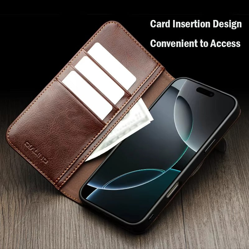 Luxury iPhone Case — Ultra-Slim Handmade Genuine Leather Wallet Flip Cover with Card Slots, Shockproof Drop Protection & Premium Cowhide Texture