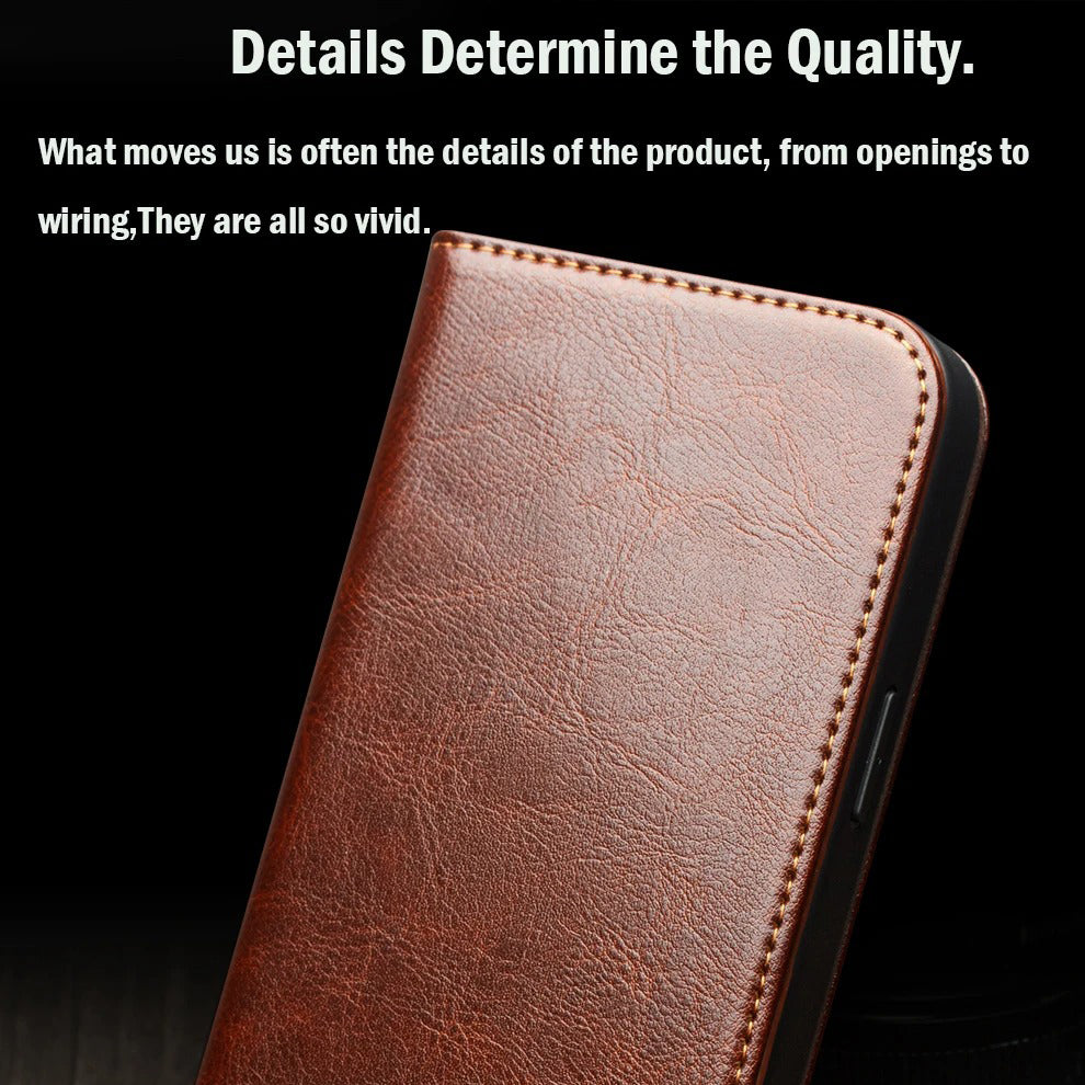 Luxury iPhone Case — Ultra-Slim Handmade Genuine Leather Wallet Flip Cover with Card Slots, Shockproof Drop Protection & Premium Cowhide Texture