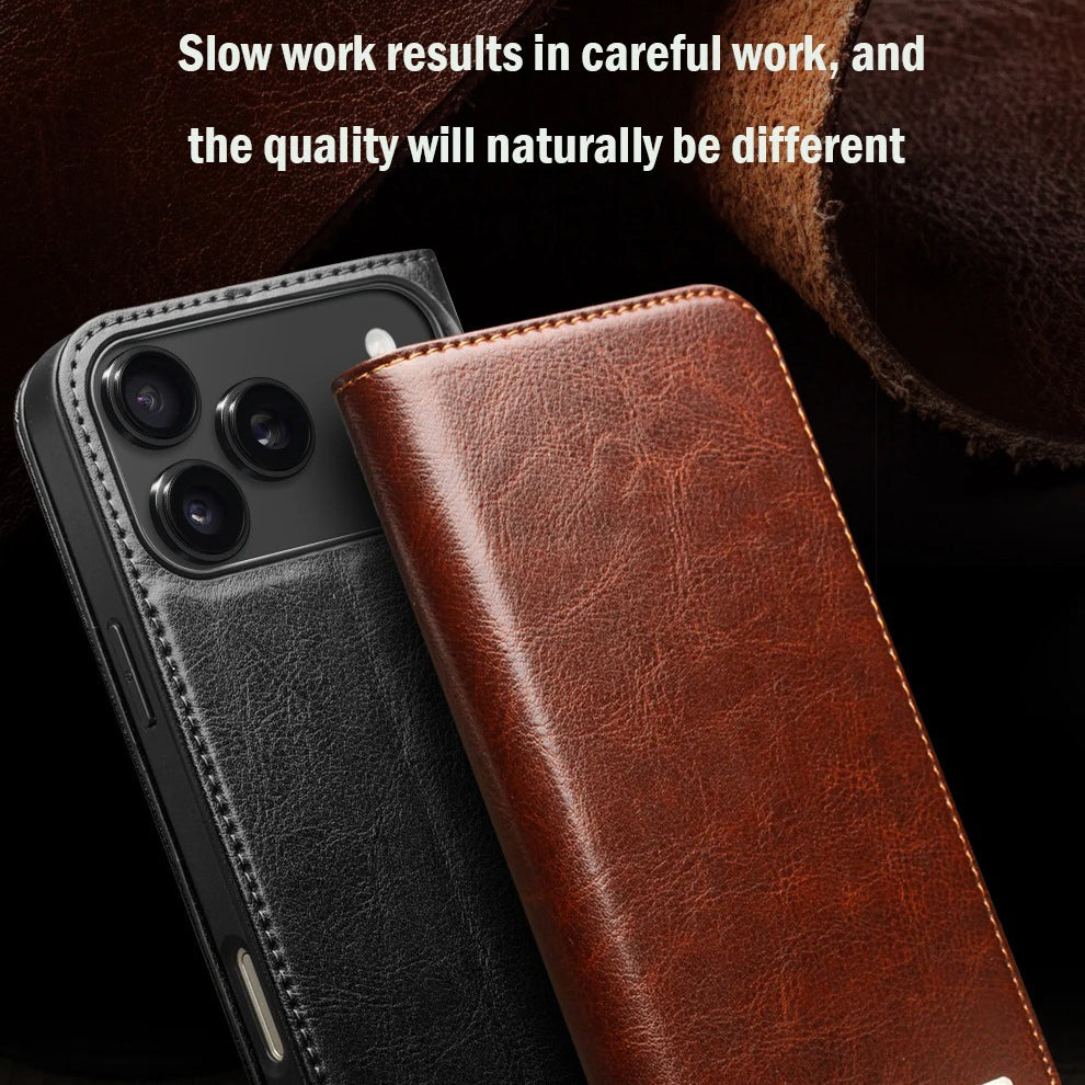 Luxury iPhone Case — Ultra-Slim Handmade Genuine Leather Wallet Flip Cover with Card Slots, Shockproof Drop Protection & Premium Cowhide Texture