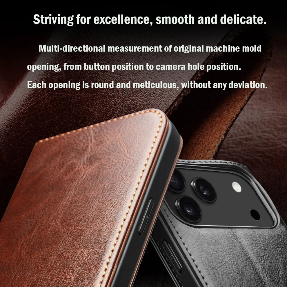 Luxury iPhone Case — Ultra-Slim Handmade Genuine Leather Wallet Flip Cover with Card Slots, Shockproof Drop Protection & Premium Cowhide Texture