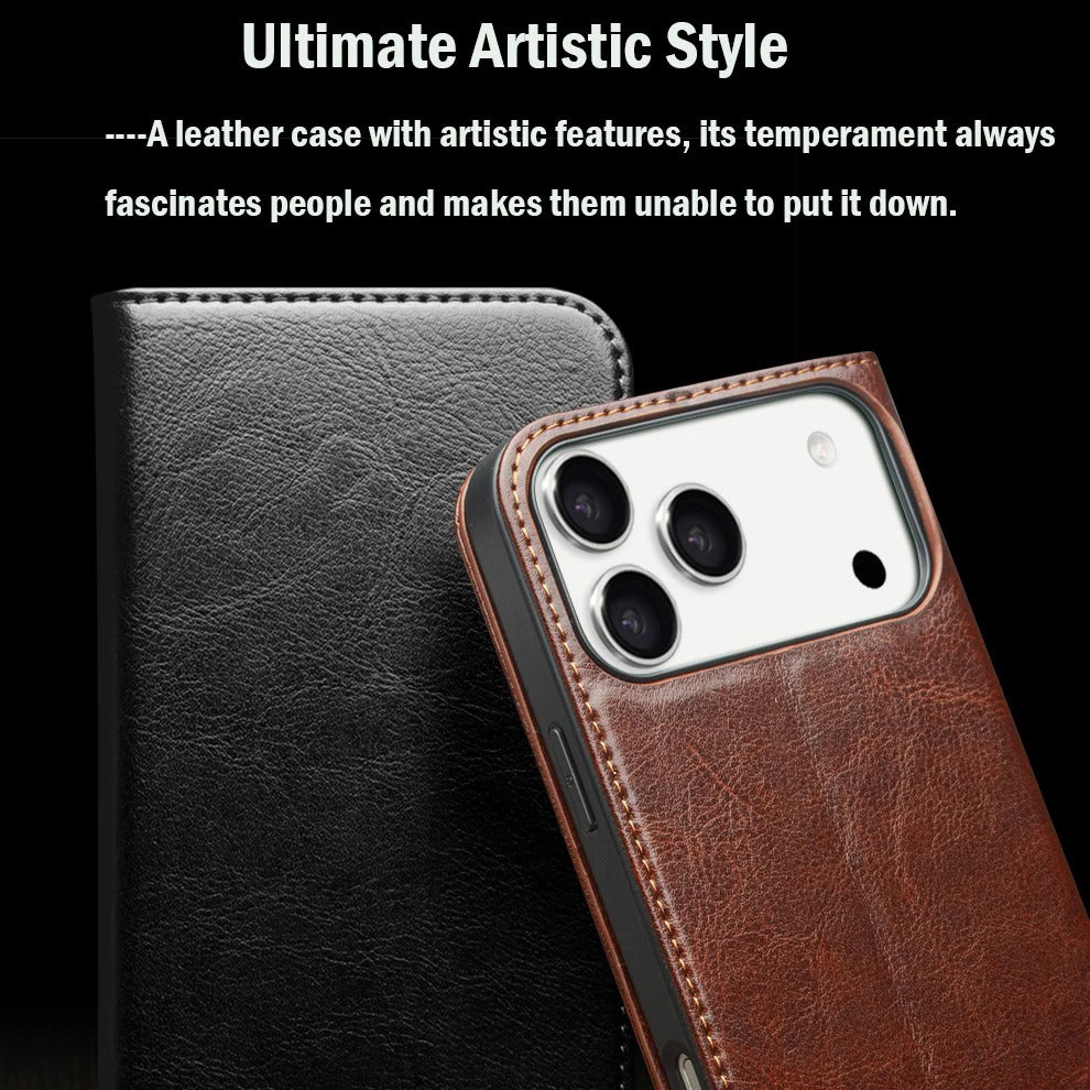 Luxury iPhone Case — Ultra-Slim Handmade Genuine Leather Wallet Flip Cover with Card Slots, Shockproof Drop Protection & Premium Cowhide Texture
