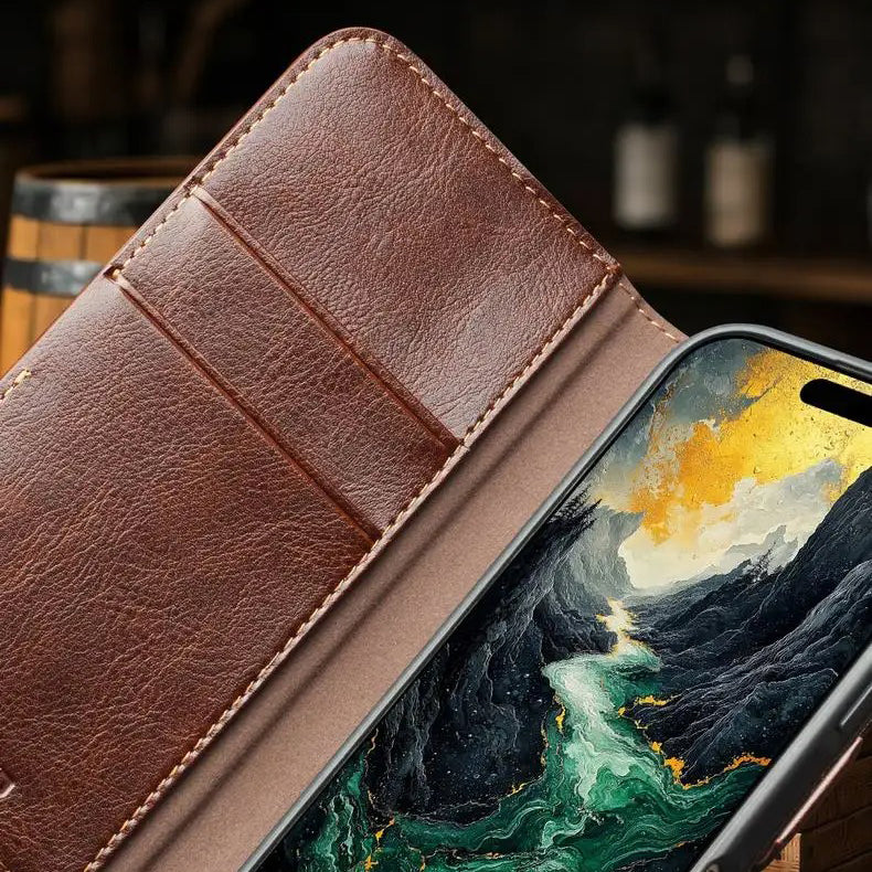Luxury iPhone Case — Ultra-Slim Handmade Genuine Leather Wallet Flip Cover with Card Slots, Shockproof Drop Protection & Premium Cowhide Texture