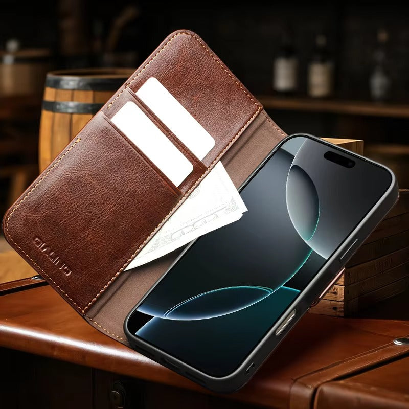Luxury iPhone Case — Ultra-Slim Handmade Genuine Leather Wallet Flip Cover with Card Slots, Shockproof Drop Protection & Premium Cowhide Texture