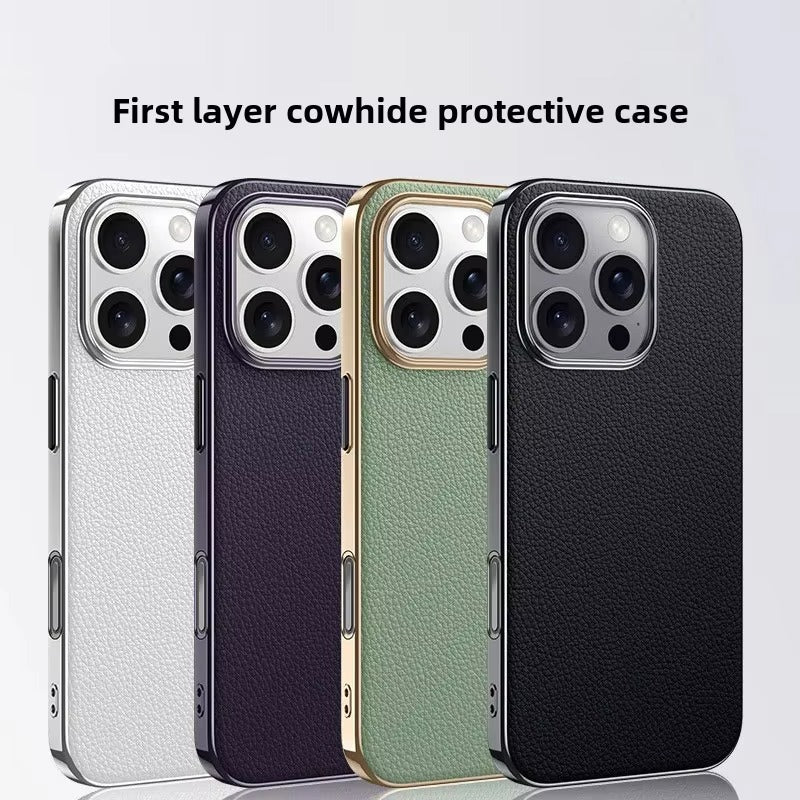 Luxury iPhone Case — Ultra-Thin Genuine Leather Hard Cover with PC+TPU Build, Dustproof Minimal Business Design & Half-Wrapped Protection