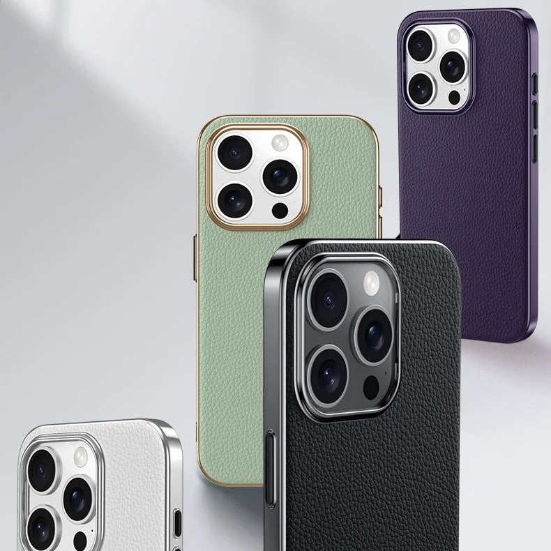 Luxury iPhone Case — Ultra-Thin Genuine Leather Hard Cover with PC+TPU Build, Dustproof Minimal Business Design & Half-Wrapped Protection