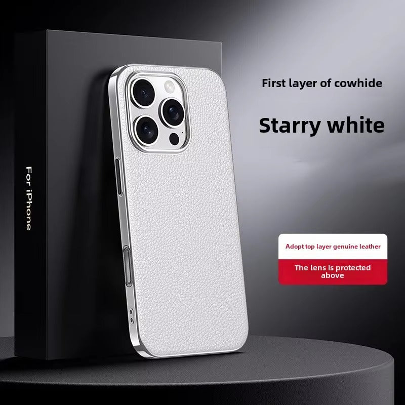 Luxury iPhone Case — Ultra-Thin Genuine Leather Hard Cover with PC+TPU Build, Dustproof Minimal Business Design & Half-Wrapped Protection