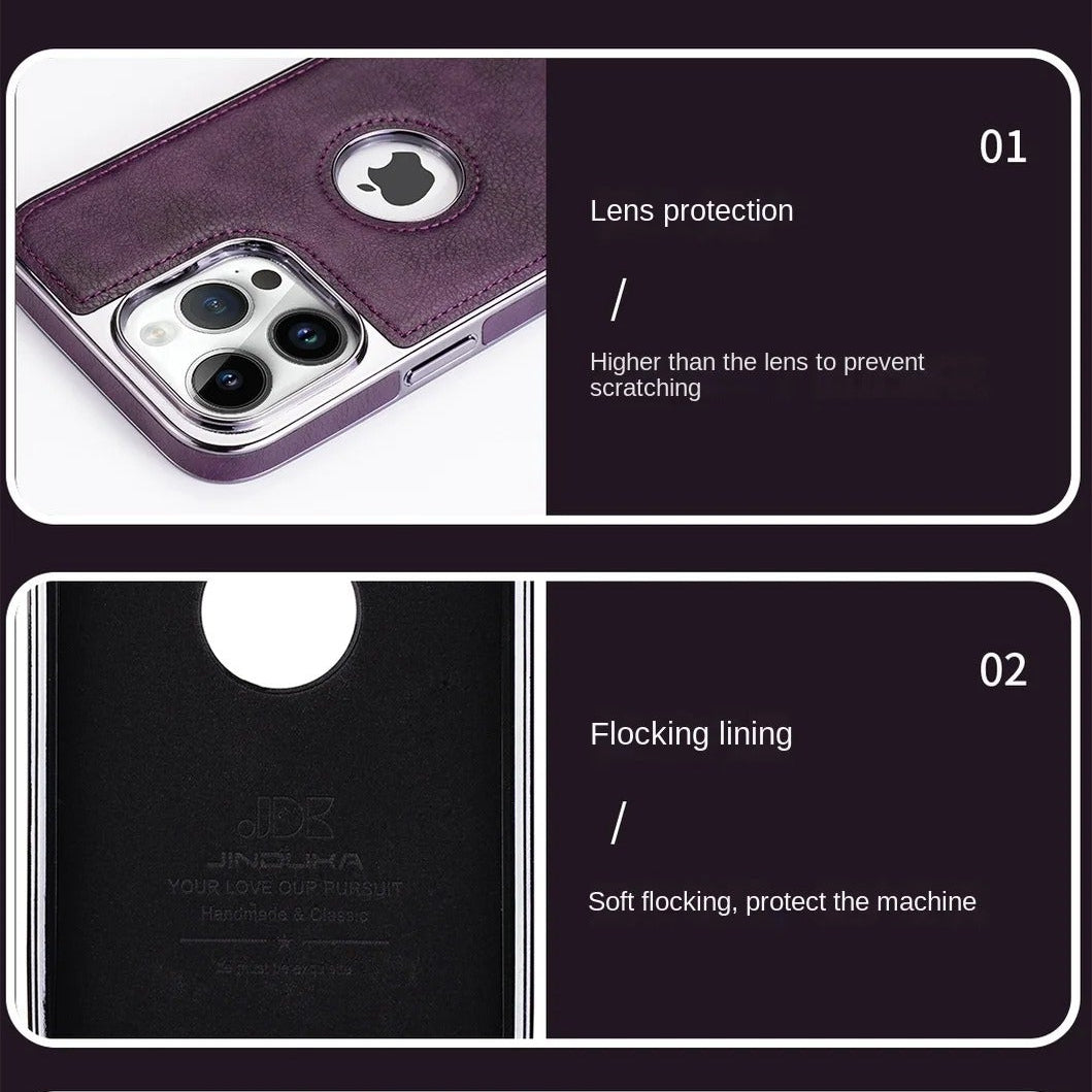 Luxury iPhone Case — Ultra-Thin PU Leather Cover with Invisible Fold Kickstand, Electroplated Bezel, Anti-Fingerprint Anti-Scratch Dustproof Non-Slip Design