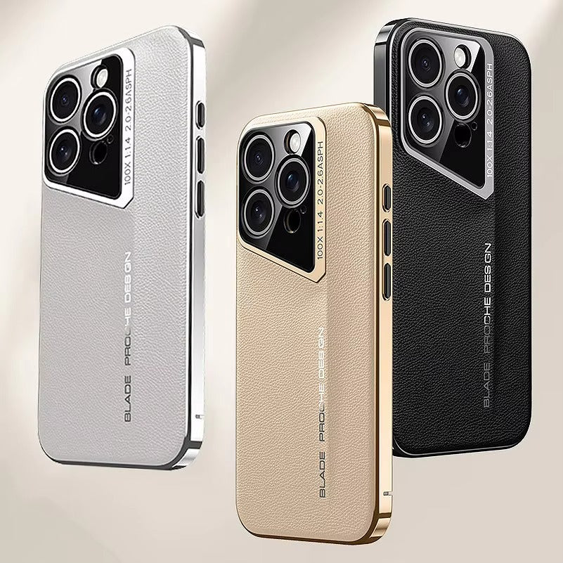 Luxury iPhone Case — Vegan Leather Hard Back Cover with Camera Lens Protection, Anti-Fingerprint Anti-Scratch Design & Elegant Minimal Style