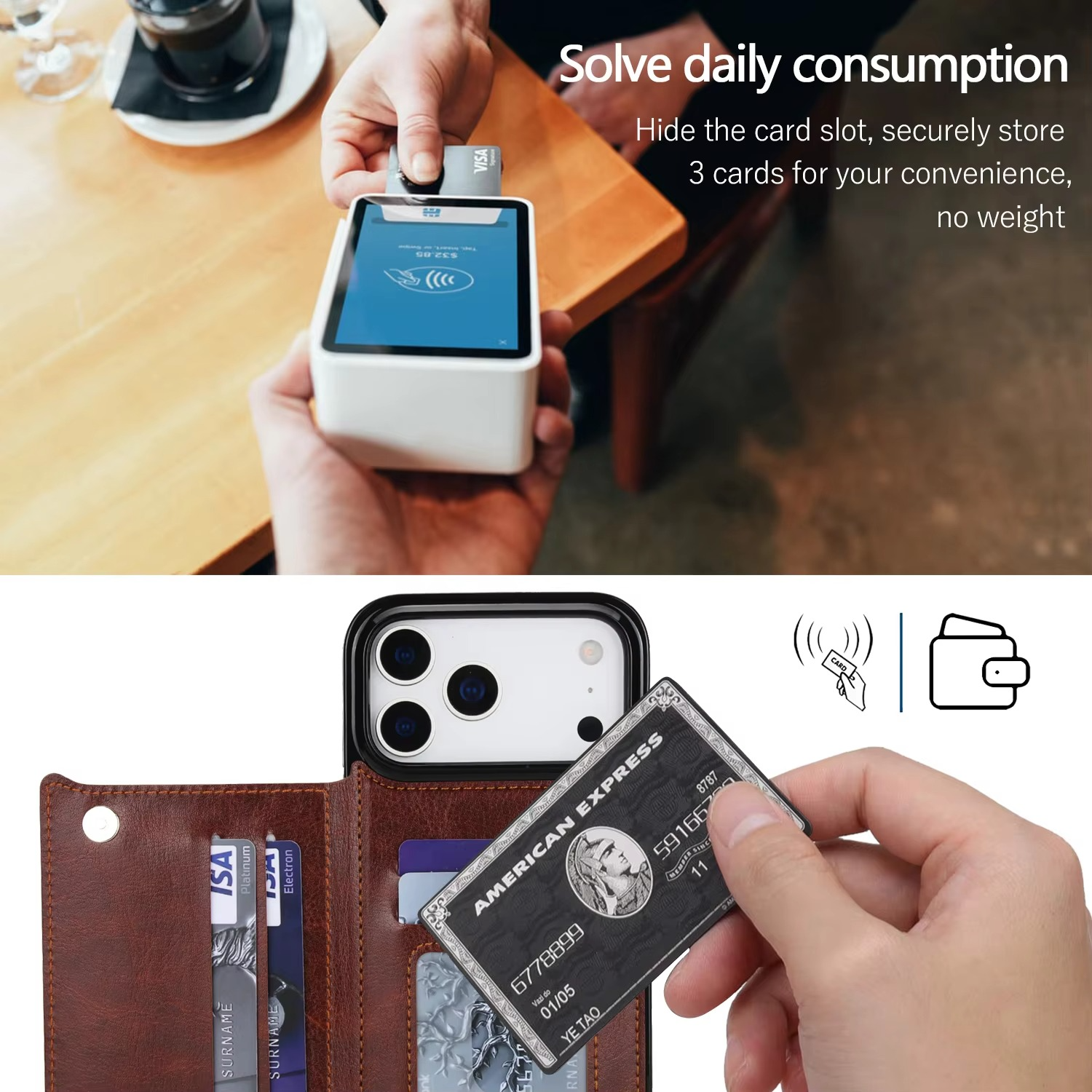 Luxury iPhone Case — Wallet Cover with Card Holder, Faux Leather Kickstand, Double Magnetic Clasp, Durable Shockproof Soft Case, Plain Design