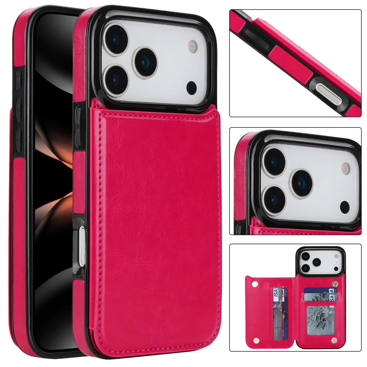 Luxury iPhone Case — Wallet Cover with Card Holder, Faux Leather Kickstand, Double Magnetic Clasp, Durable Shockproof Soft Case, Plain Design