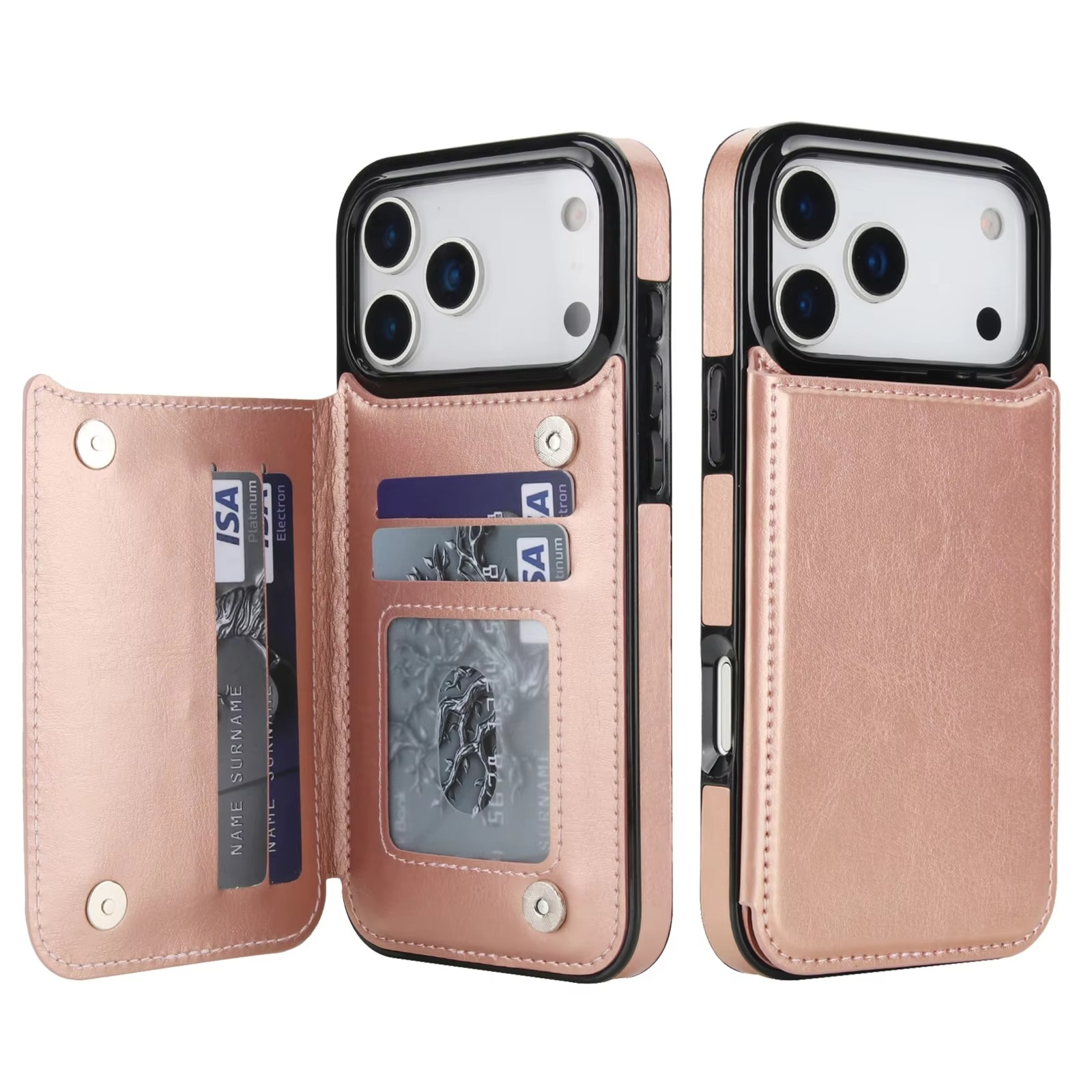 Luxury iPhone Case — Wallet Cover with Card Holder, Faux Leather Kickstand, Double Magnetic Clasp, Durable Shockproof Soft Case, Plain Design