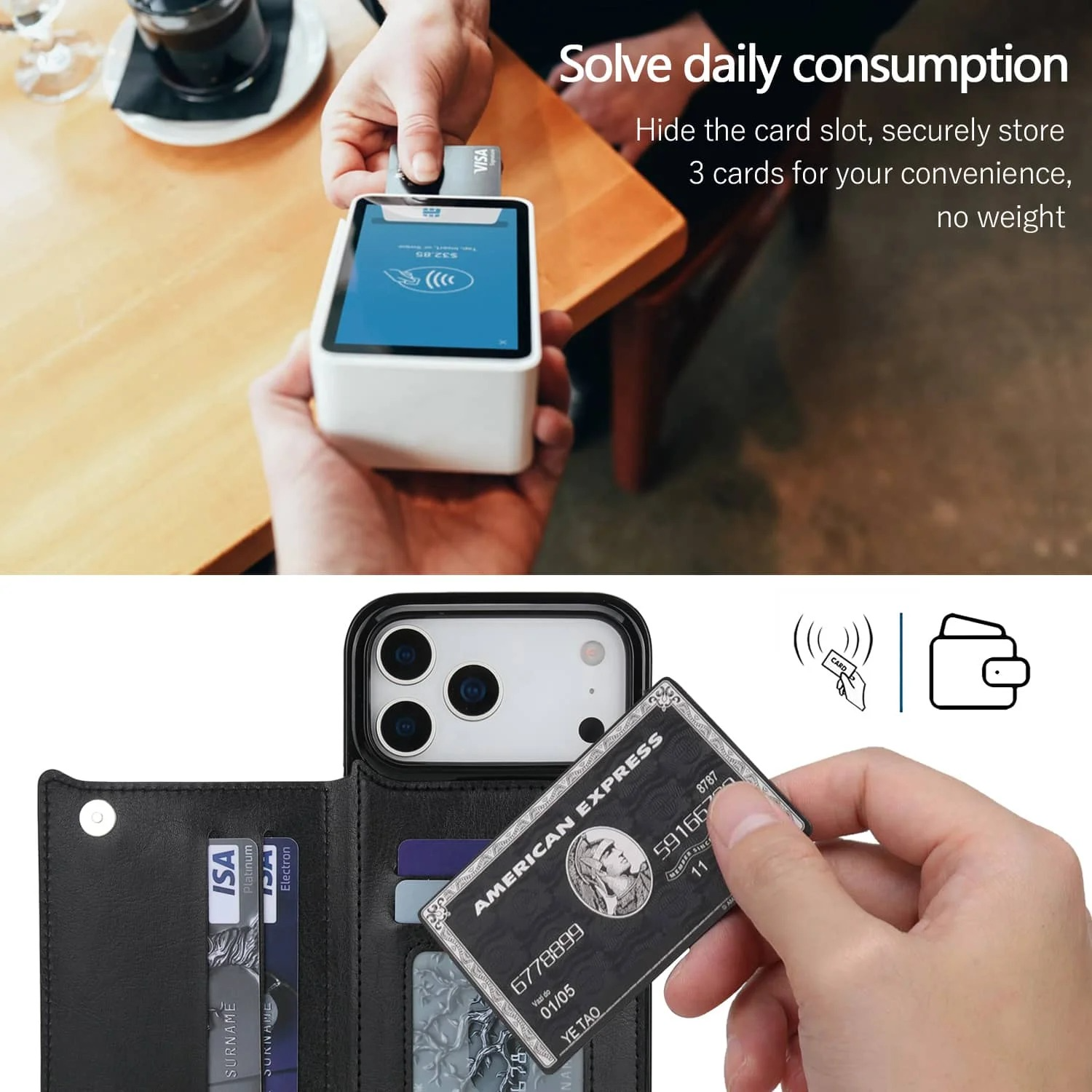Luxury iPhone Case — Wallet Cover with Card Holder, Faux Leather Kickstand, Double Magnetic Clasp, Durable Shockproof Soft Case, Plain Design