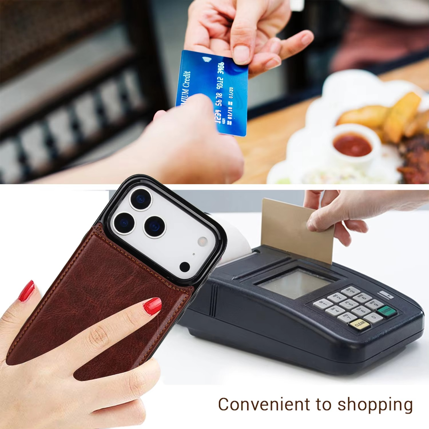 Luxury iPhone Case — Wallet Cover with Card Holder, Faux Leather Kickstand, Double Magnetic Clasp, Durable Shockproof Soft Case, Plain Design