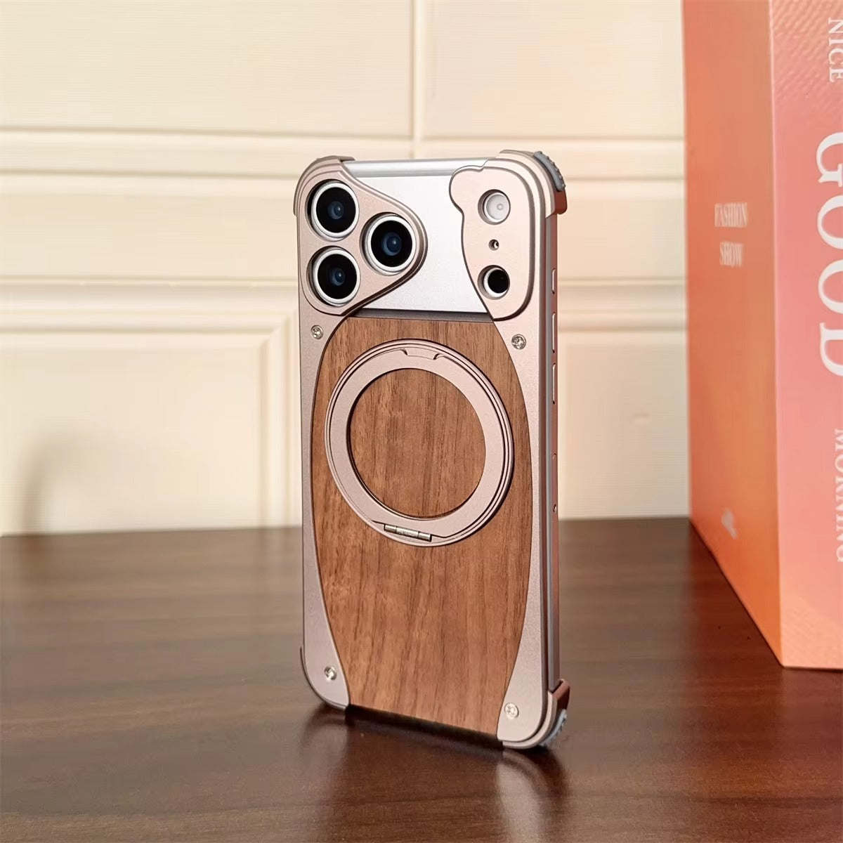 Luxury iPhone Case — Walnut Wood and Aluminum Magnetic Cover with Shockproof Drop-Proof Protection and Built-In Bracket