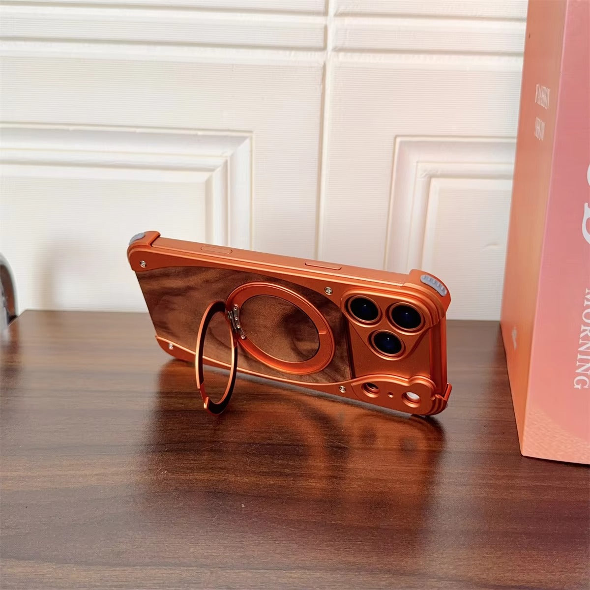 Luxury iPhone Case — Walnut Wood and Aluminum Magnetic Cover with Shockproof Drop-Proof Protection and Built-In Bracket