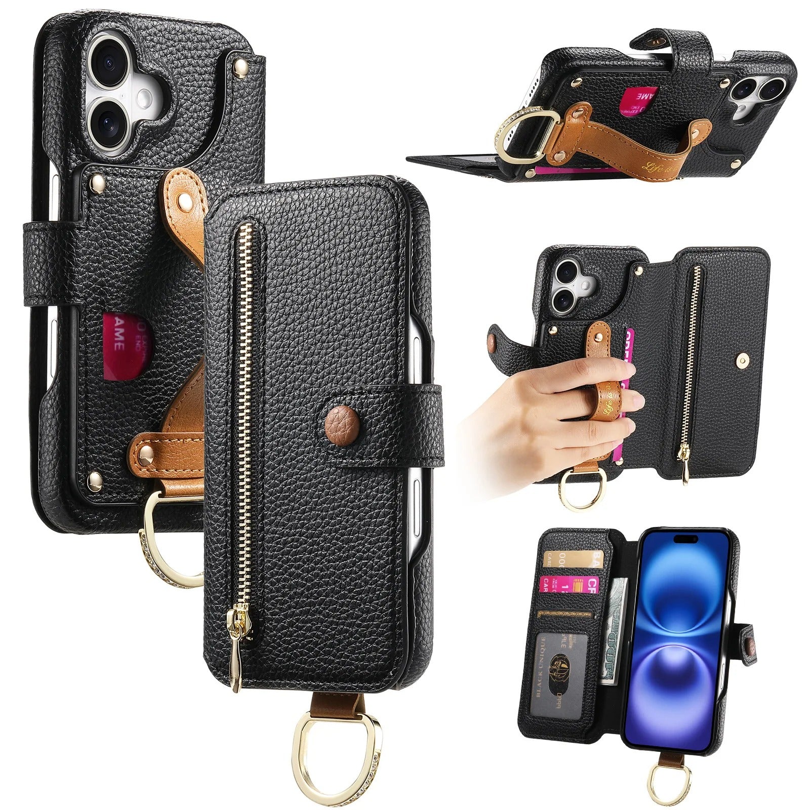 Luxury iPhone Case — Wrist-Strap Wallet Flip Leather Cover with Card Slots, Shockproof Protective Design & Full-Access Functional Fit