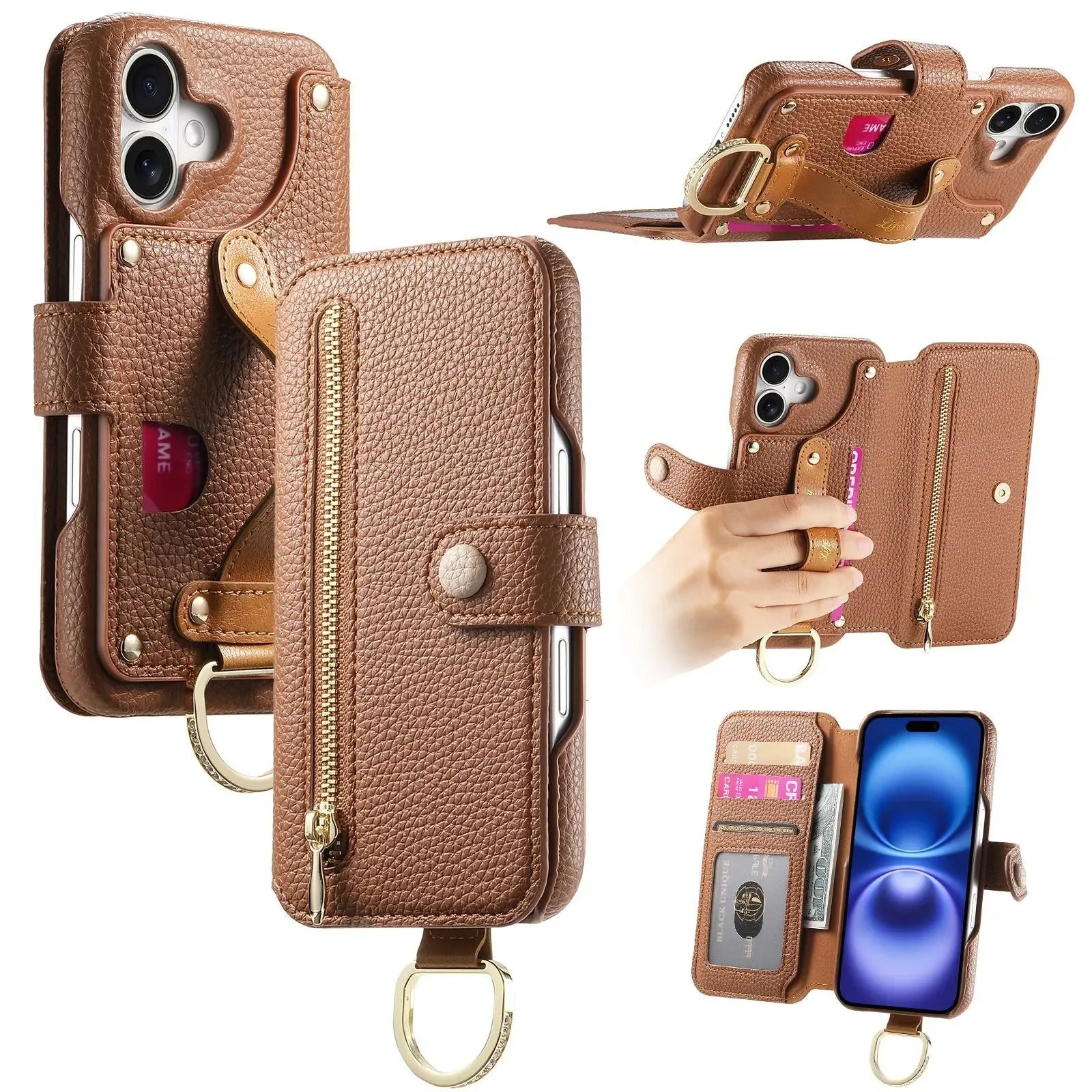 Luxury iPhone Case — Wrist-Strap Wallet Flip Leather Cover with Card Slots, Shockproof Protective Design & Full-Access Functional Fit