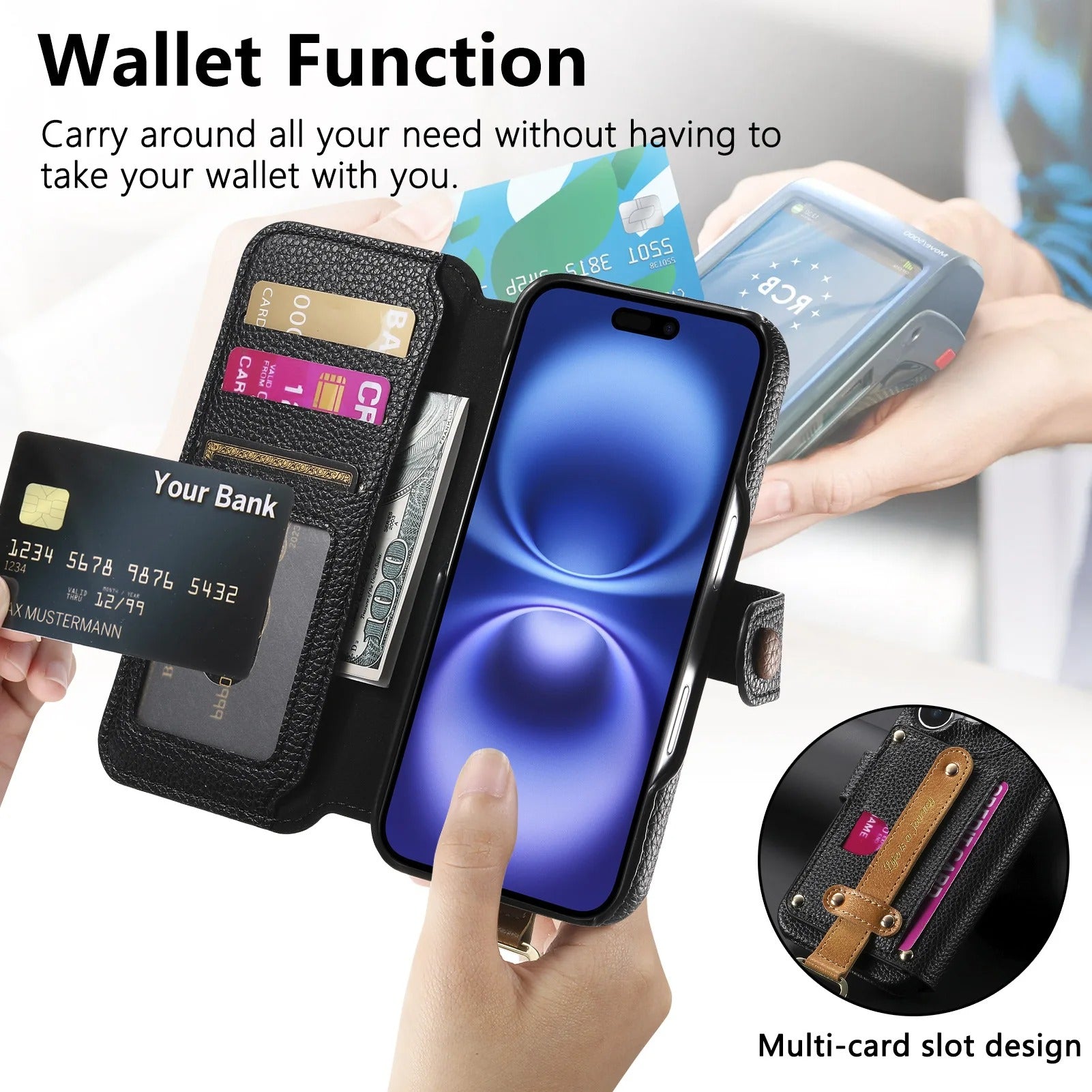 Luxury iPhone Case — Wrist-Strap Wallet Flip Leather Cover with Card Slots, Shockproof Protective Design & Full-Access Functional Fit