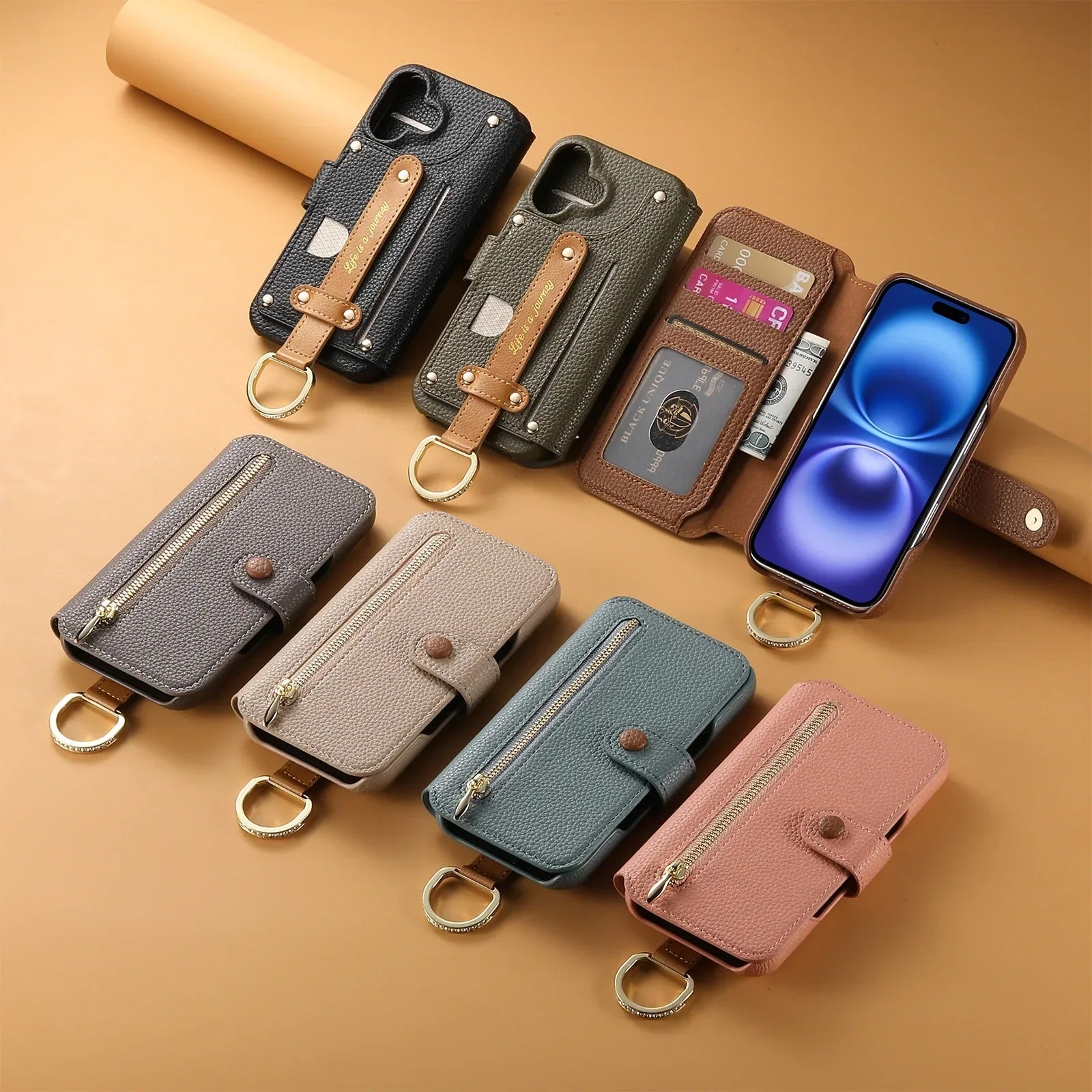 Luxury iPhone Case — Wrist-Strap Wallet Flip Leather Cover with Card Slots, Shockproof Protective Design & Full-Access Functional Fit