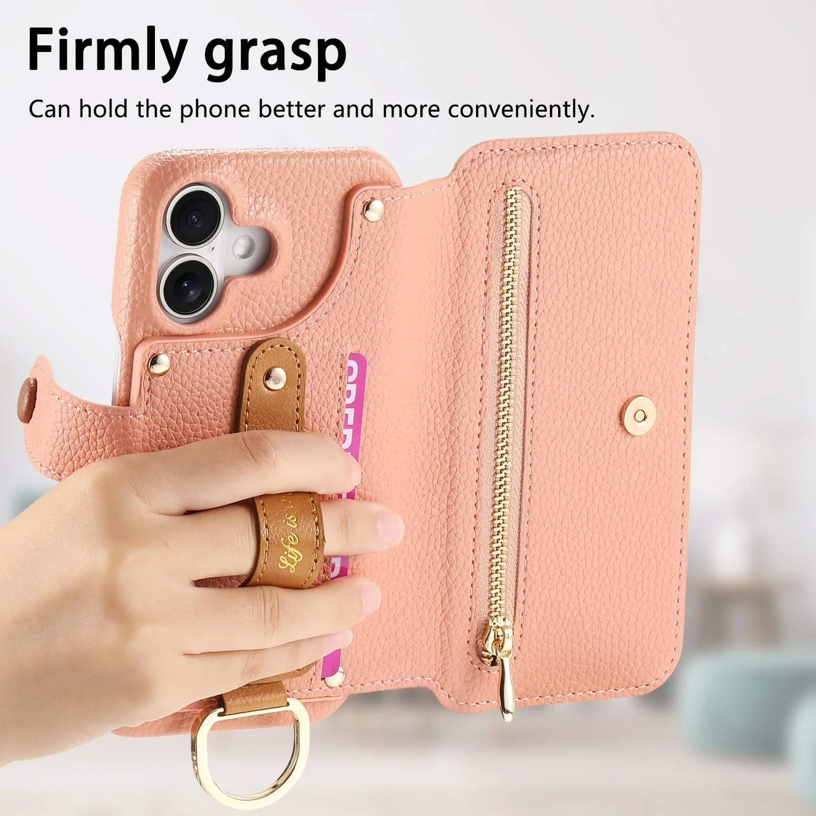 Luxury iPhone Case — Wrist-Strap Wallet Flip Leather Cover with Card Slots, Shockproof Protective Design & Full-Access Functional Fit