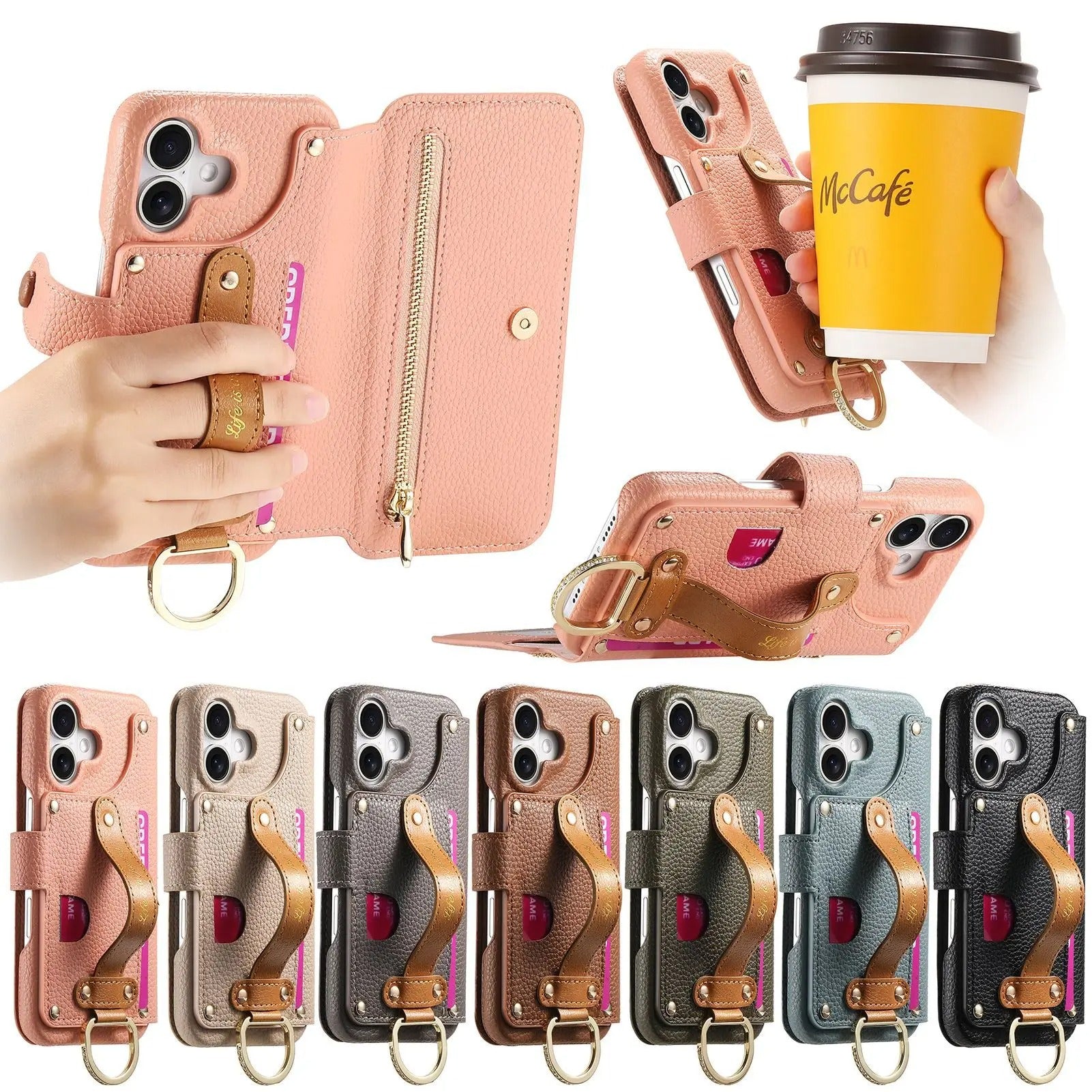 Luxury iPhone Case — Wrist-Strap Wallet Flip Leather Cover with Card Slots, Shockproof Protective Design & Full-Access Functional Fit