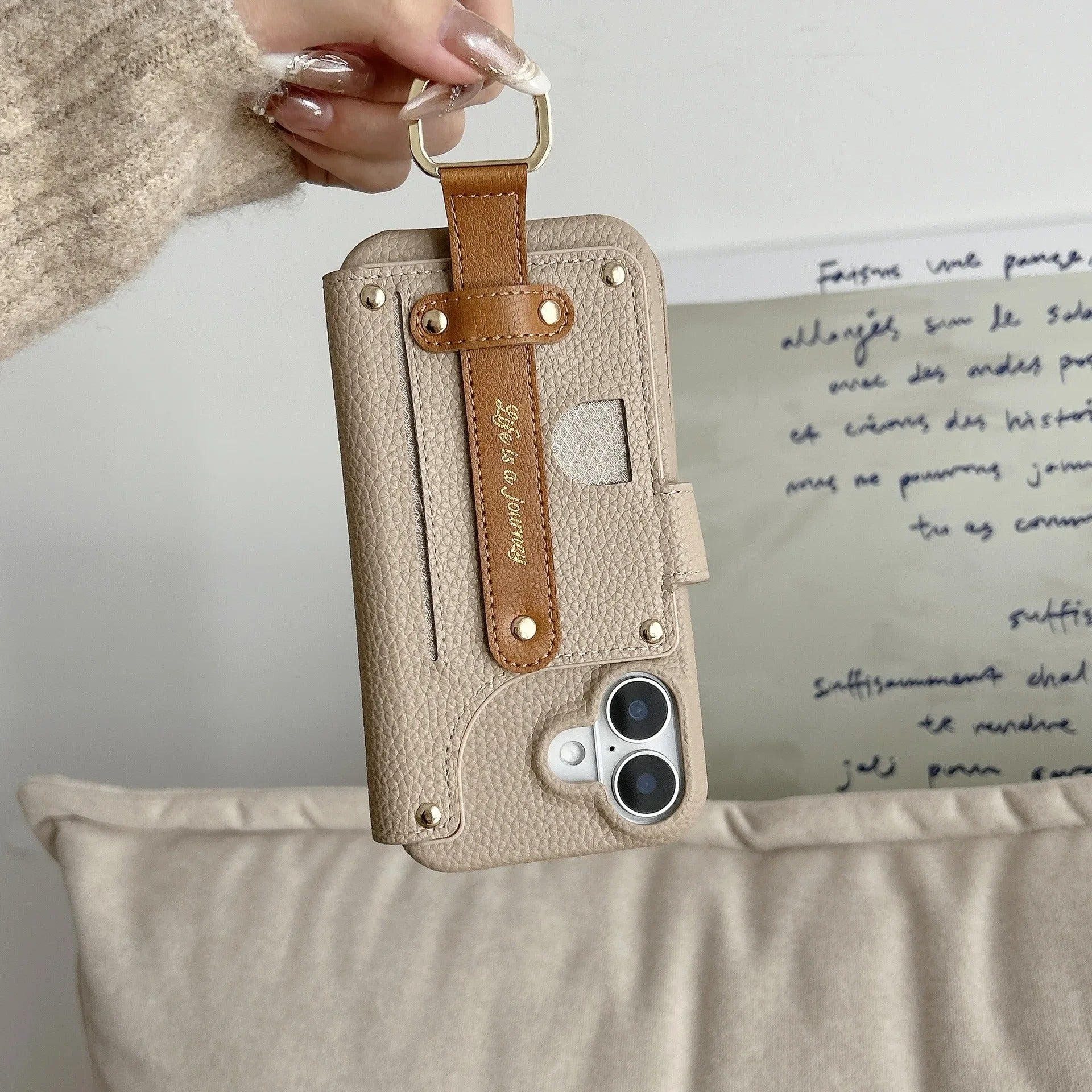 Luxury iPhone Case — Wrist-Strap Wallet Flip Leather Cover with Card Slots, Shockproof Protective Design & Full-Access Functional Fit