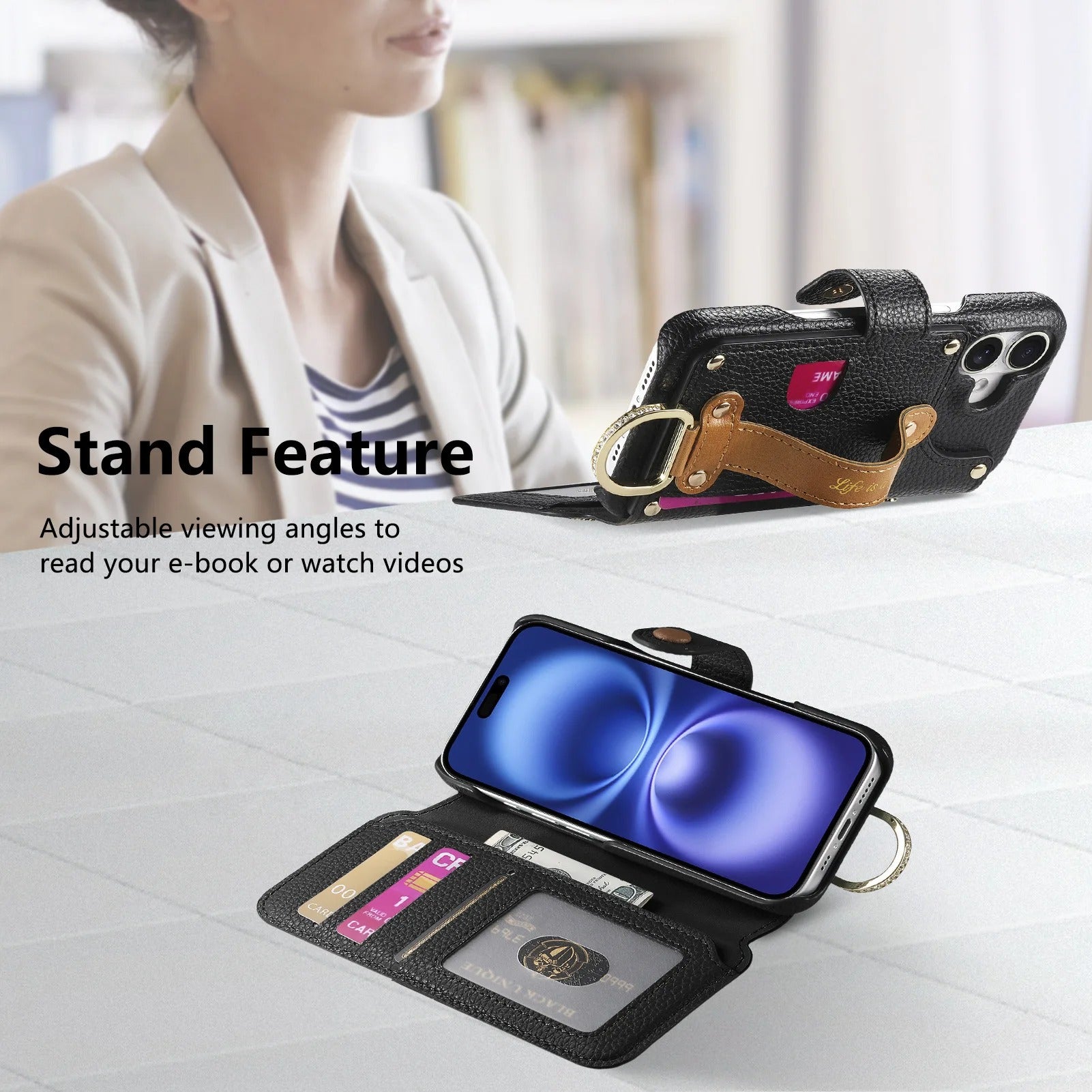 Luxury iPhone Case — Wrist-Strap Wallet Flip Leather Cover with Card Slots, Shockproof Protective Design & Full-Access Functional Fit