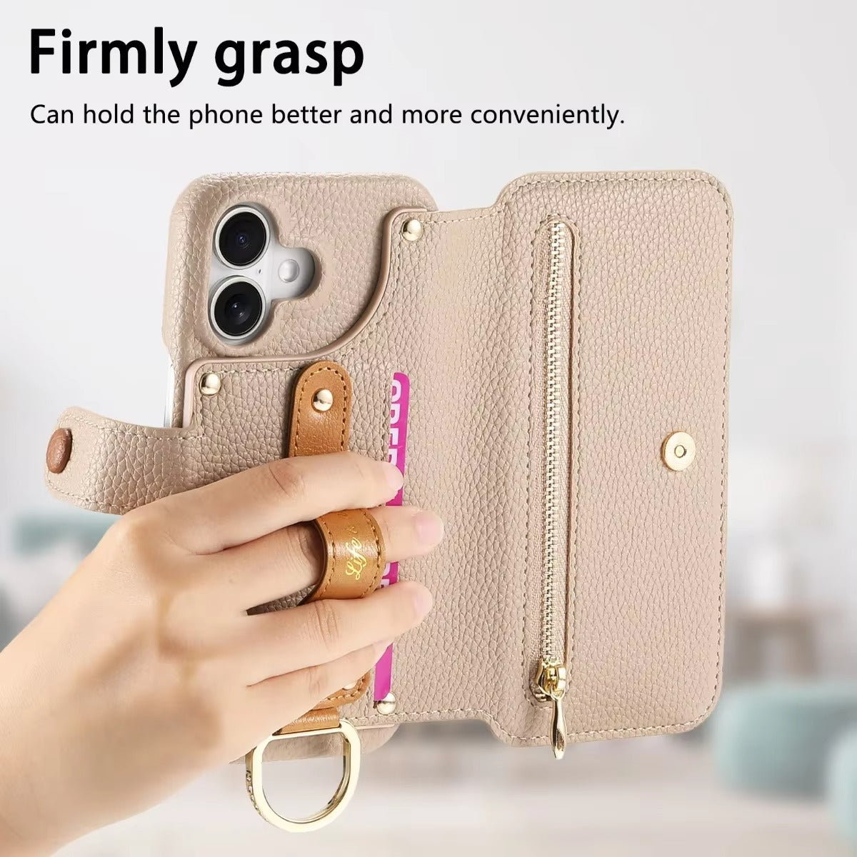 Luxury iPhone Case — Wrist-Strap Wallet Flip Leather Cover with Card Slots, Shockproof Protective Design & Full-Access Functional Fit