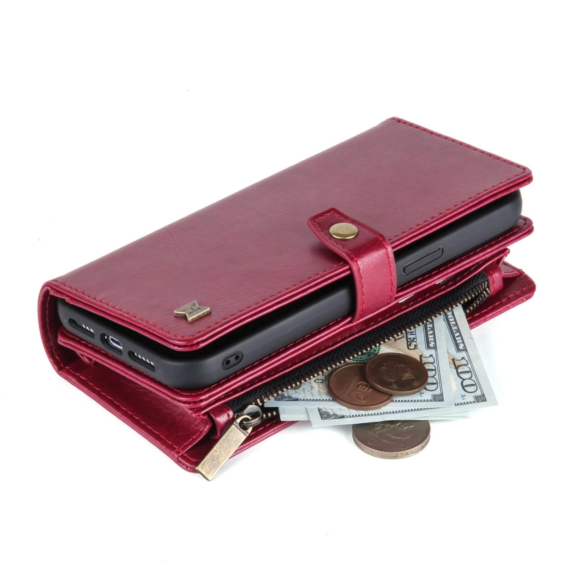 Luxury iPhone Case — 2-in-1 Detachable Magnetic Flip Leather Wallet with Zipper Purse, Dual-Layer Protection and Anti-Fingerprint Design