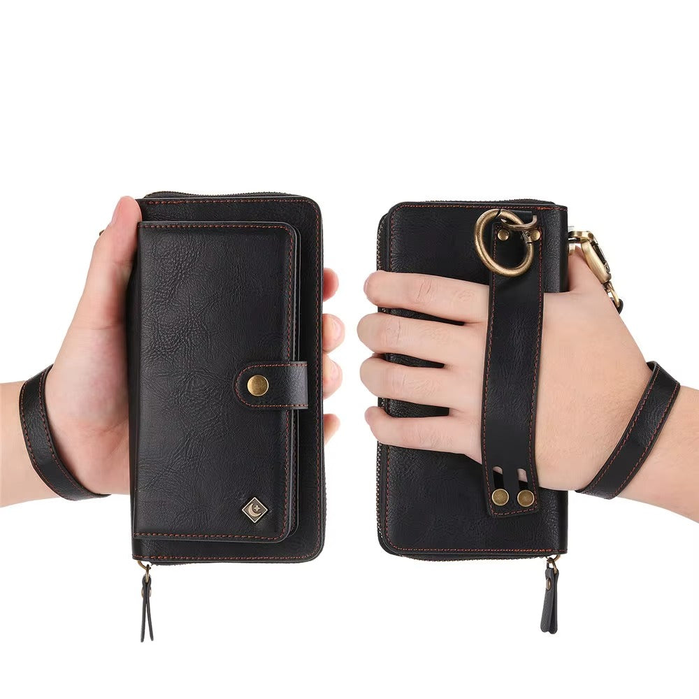 Luxury iPhone Case — Zipper Leather Wallet Cover with Card Slots, Ring Holder and Wristband Purse Design