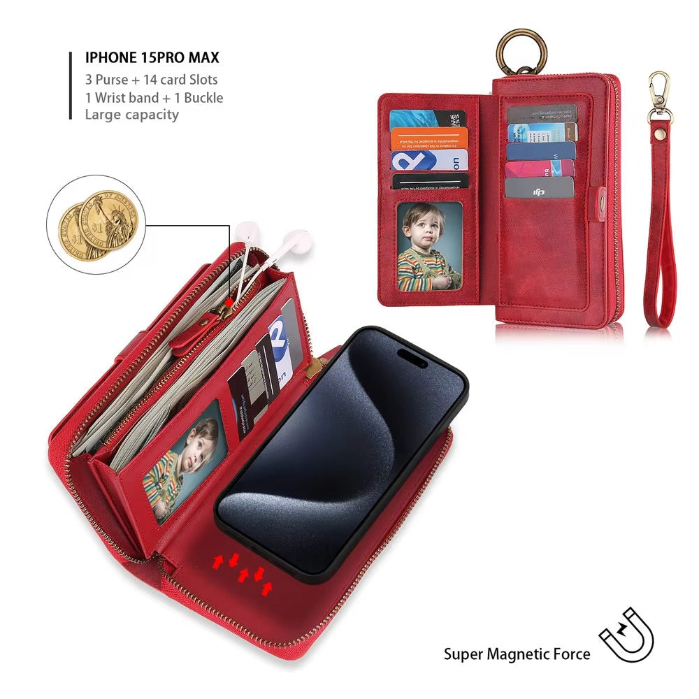 Luxury iPhone Case — Zipper Leather Wallet Cover with Card Slots, Ring Holder and Wristband Purse Design