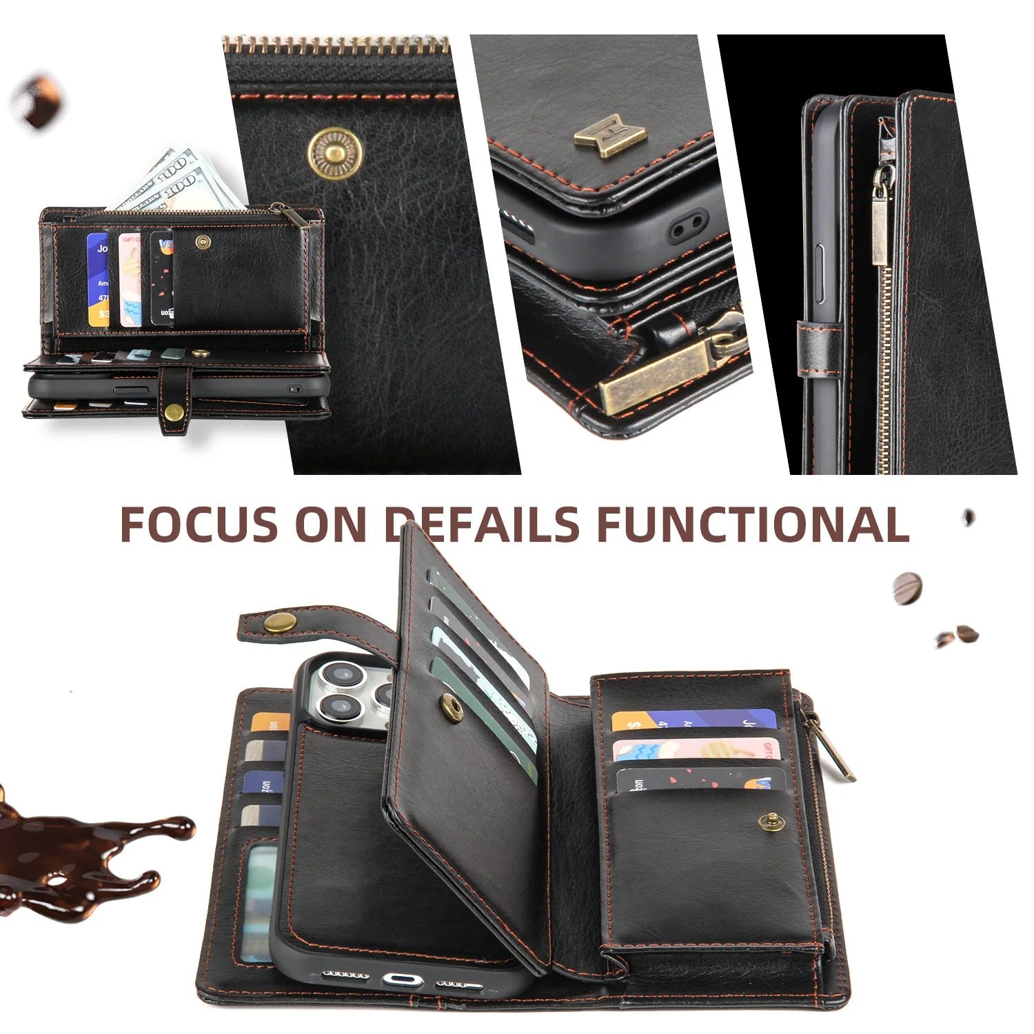 Luxury iPhone Case — 2-in-1 Detachable Magnetic Flip Leather Wallet with Zipper Purse, Dual-Layer Protection and Anti-Fingerprint Design