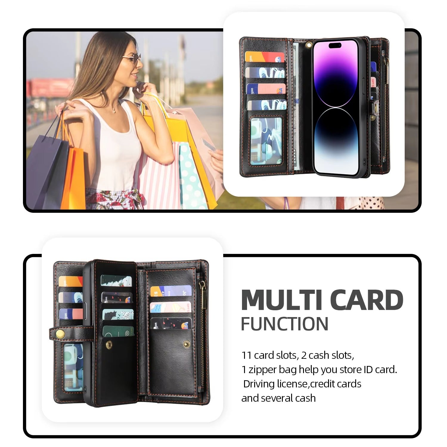 Luxury iPhone Case — 2-in-1 Detachable Magnetic Flip Leather Wallet with Zipper Purse, Dual-Layer Protection and Anti-Fingerprint Design