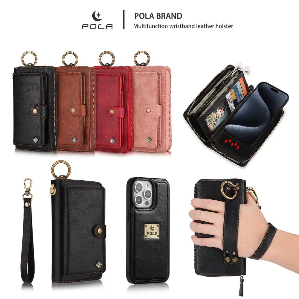 Luxury iPhone Case — Zipper Leather Wallet Cover with Card Slots, Ring Holder and Wristband Purse Design