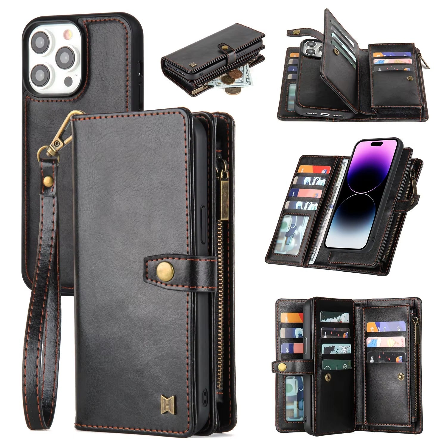 Luxury iPhone Case — 2-in-1 Detachable Magnetic Flip Leather Wallet with Zipper Purse, Dual-Layer Protection and Anti-Fingerprint Design