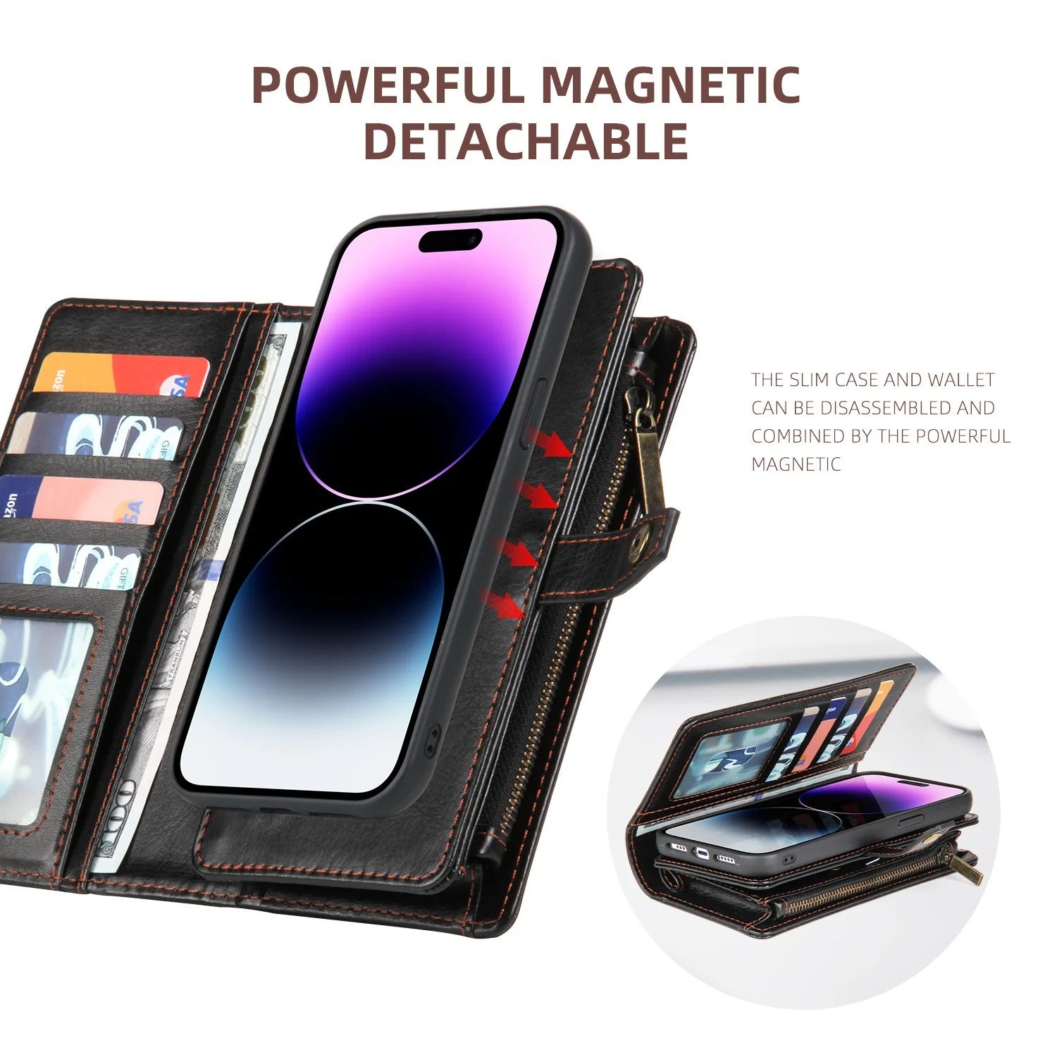 Luxury iPhone Case — 2-in-1 Detachable Magnetic Flip Leather Wallet with Zipper Purse, Dual-Layer Protection and Anti-Fingerprint Design
