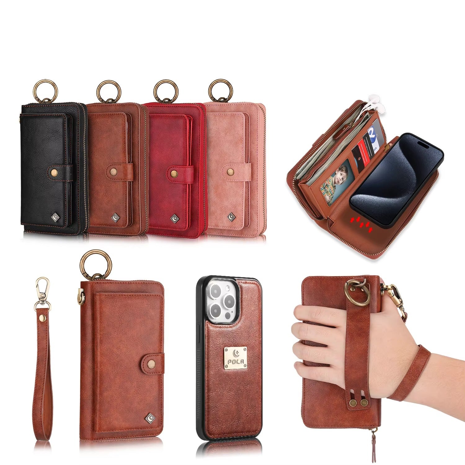 Luxury iPhone Case — Zipper Leather Wallet Cover with Card Slots, Ring Holder and Wristband Purse Design
