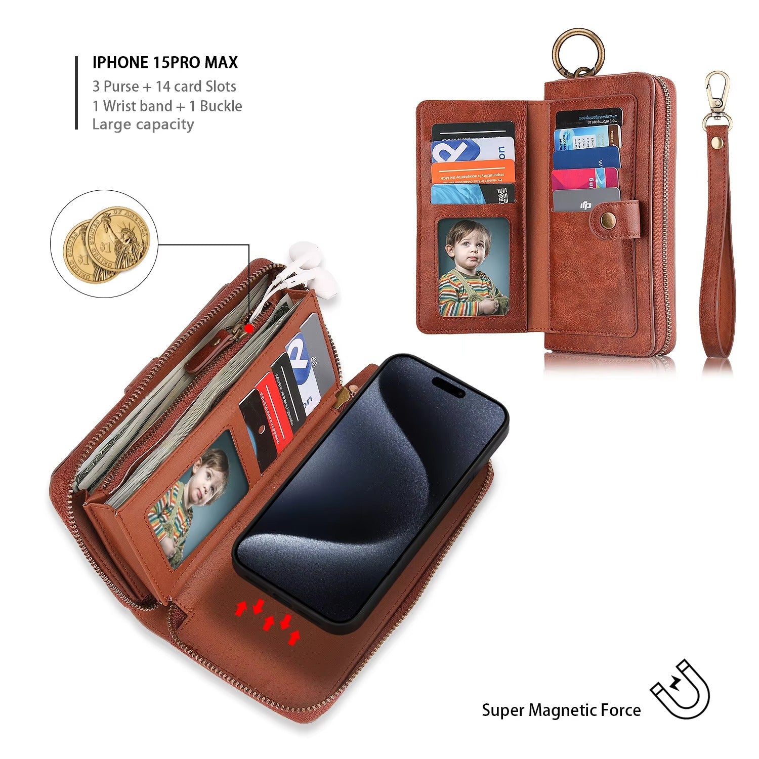 Luxury iPhone Case — Zipper Leather Wallet Cover with Card Slots, Ring Holder and Wristband Purse Design