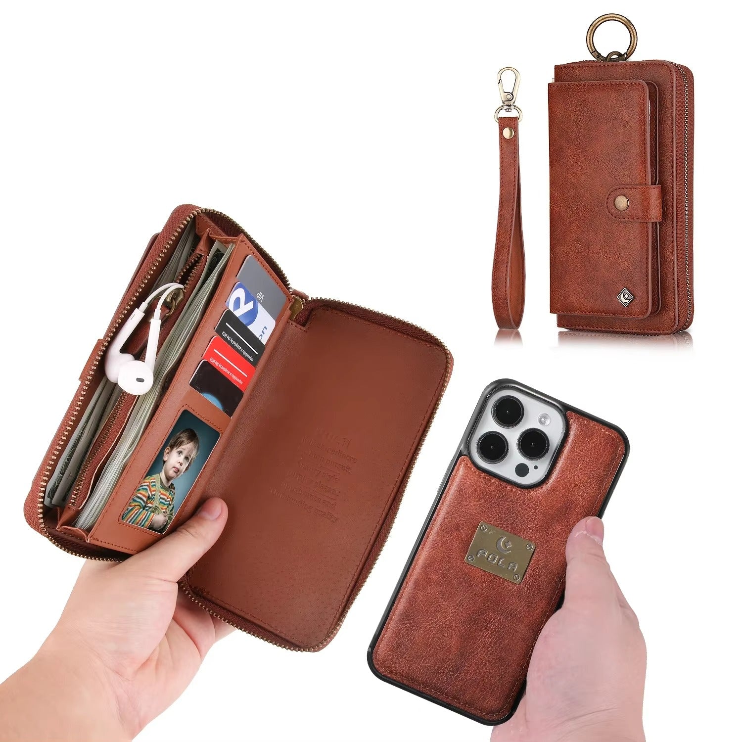 Luxury iPhone Case — Zipper Leather Wallet Cover with Card Slots, Ring Holder and Wristband Purse Design